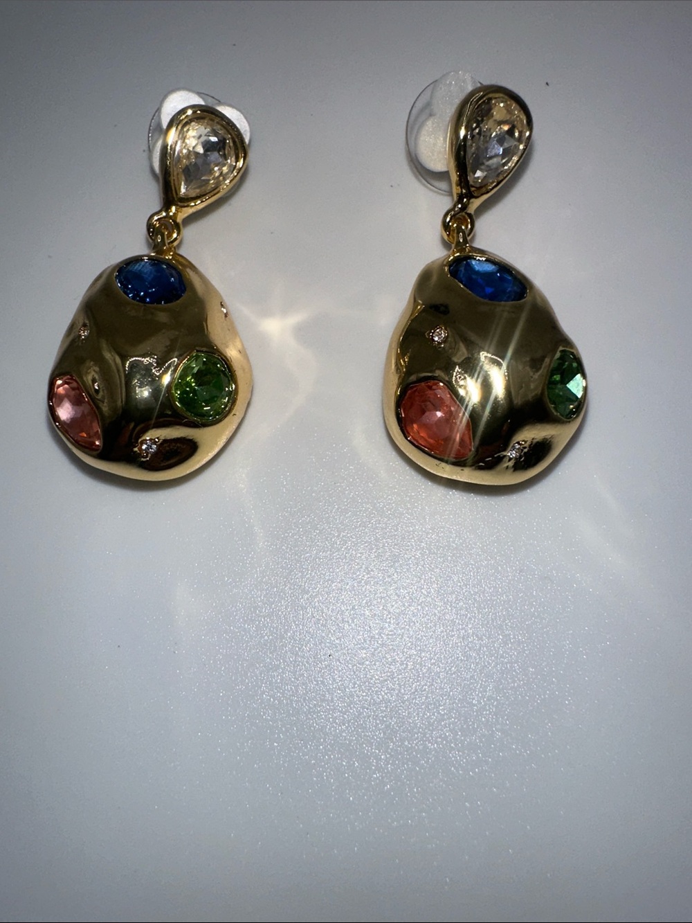 Fashion Jewelry Gold-Tone Drop Earrings with Blue, Green, and Pink Stones
